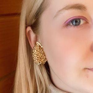 Vintage Clip On Earrings Gold Large 3D Leaf